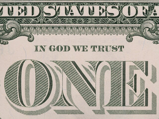 Reverse of US one dollar bill closeup macro, 1 usd banknote,  In God We Trust offical USA motto, united states money