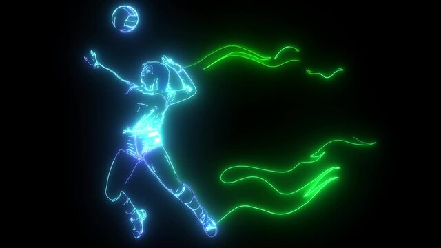 Silhouette of volleyball player with flames. digital neon video