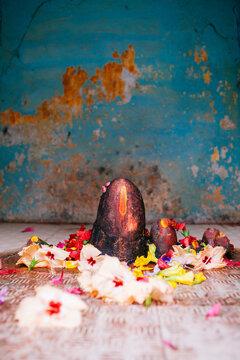 Close up shot of shiva linga inside a hindu temple in India.