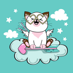 Beautiful white cat cupid sitting on a blue cloud on a blue background. Valentine's day romantic card