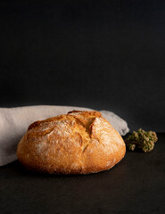 Loaf of sourdough bread with golden crust, just baked. Dark background front view
