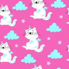 Beautiful white cat unicorn illustration in the clouds on a pink background seamless pattern