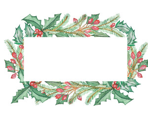 Watercolor nature winter holiday banner frame with holly plant, red berries, green leaves and fir branches composition on the white background for invite and greeting card with the space for text