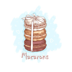 Three macarons tied with a white ribbon. Sweets and desserts. Sketchy hand drawing on a textured background.