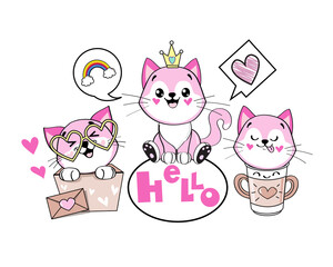 Three beautiful pink kawaii kitten on a white background