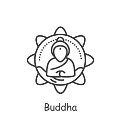 Buddha line icon. Hindu deity. Buddhism symbol. Happy Buddha Purnima. Meditating buddha. Vesak day. Indian culture, traditions and customs. Isolated vector illustration. Editable stroke 