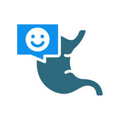Stomach with happy face in chat bubble colored icon. Healthy gastrointestinal tract symbol