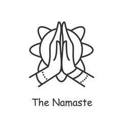 Namaste line icon. Indian womens hand respectful greering. Namaskar. Mudra. Safe, non-contact greeting. Indian culture, traditions and customs. Isolateed vector illustration. Editable stroke - obrazy, fototapety, plakaty