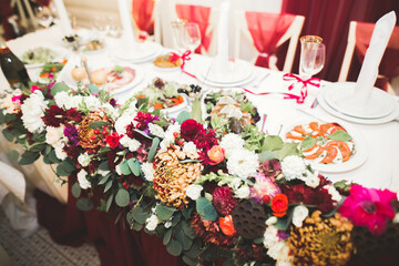 Interior of a restaurant prepared for wedding ceremony