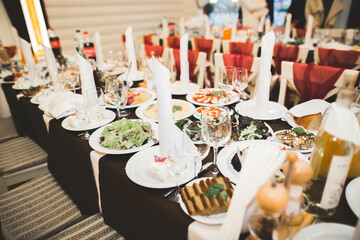 Interior of a restaurant prepared for wedding ceremony