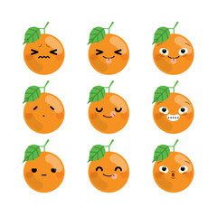 Set of cute cartoon orange emoji set isolated on white background. Vector Illustration.