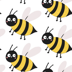 Hand drawn baby vector seamless pattern illustration with cute bee. Scandinavian style flat design. The concept for Wallpaper, cloth design, textile, wrapping, wallpaper, covers.