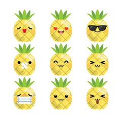 Set of cute cartoon pineapple emoji set isolated on white background. Vector Illustration.
