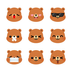 Set of cute cartoon bear emoji set isolated on white background. Vector Illustration.