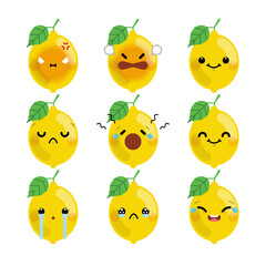 Set of cute cartoon lemon emoji set isolated on white background. Vector Illustration.
