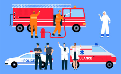 Vector character illustration of emergency service teams isolated