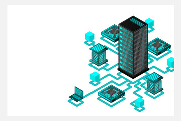 Fototapeta premium Concept of data network management .Vector isometric map with business networking servers computers and devices.Cloud storage data and synchronization of devices. 3d isometric style