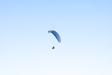Paraglider in the blue sky. The sportsman flying on a paraglider.
