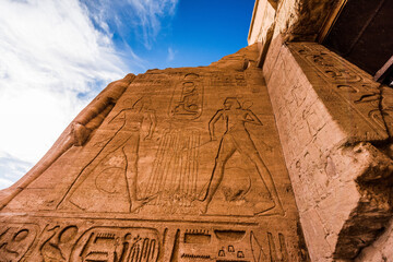 Ancient Egyptian temple built by Ramses II, dedicated to his wife Nefertari, sculpted in the stone...