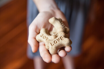 boy's hand filled with dog biscuits marked with love and joy