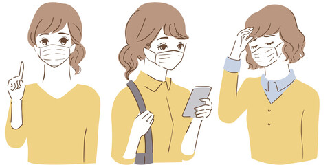 マスクをした女性のイラストセットIllustration set of a woman wearing a mask