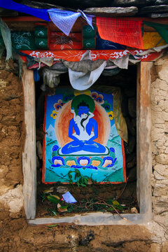 A painting of tantric buddha on a small temple