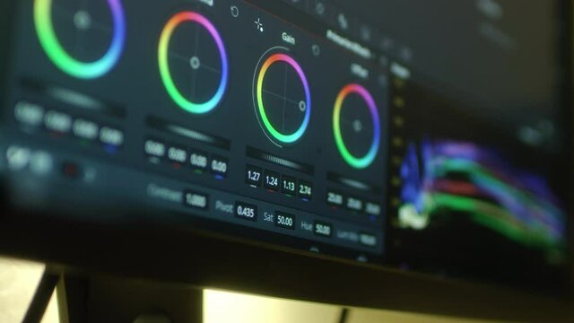 4K Color Correction Post Production video or photo in Progress Closeup. A program for video processing, color correction. Color rings, macro.