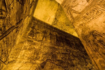 Ancient Egyptian temple built by Ramses II, dedicated to his wife Nefertari, sculpted in the stone of the mountain, in Abu Simbel next to Lake Nasser in Nubia, Egypt, Africa