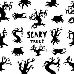 Scary trees doodle set.