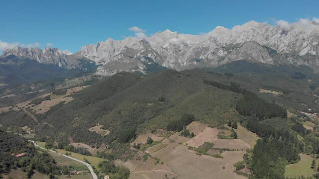 DRONE AERIAL FOOTAGE: The Picos de Europa (Peaks of Europe) a mountain range part of the Cantabrian Mountains in northern Spain.