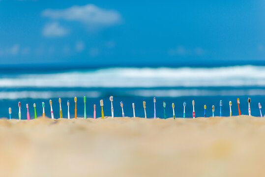 Old Used Colorful Toothbrushes In One Line on a Beach