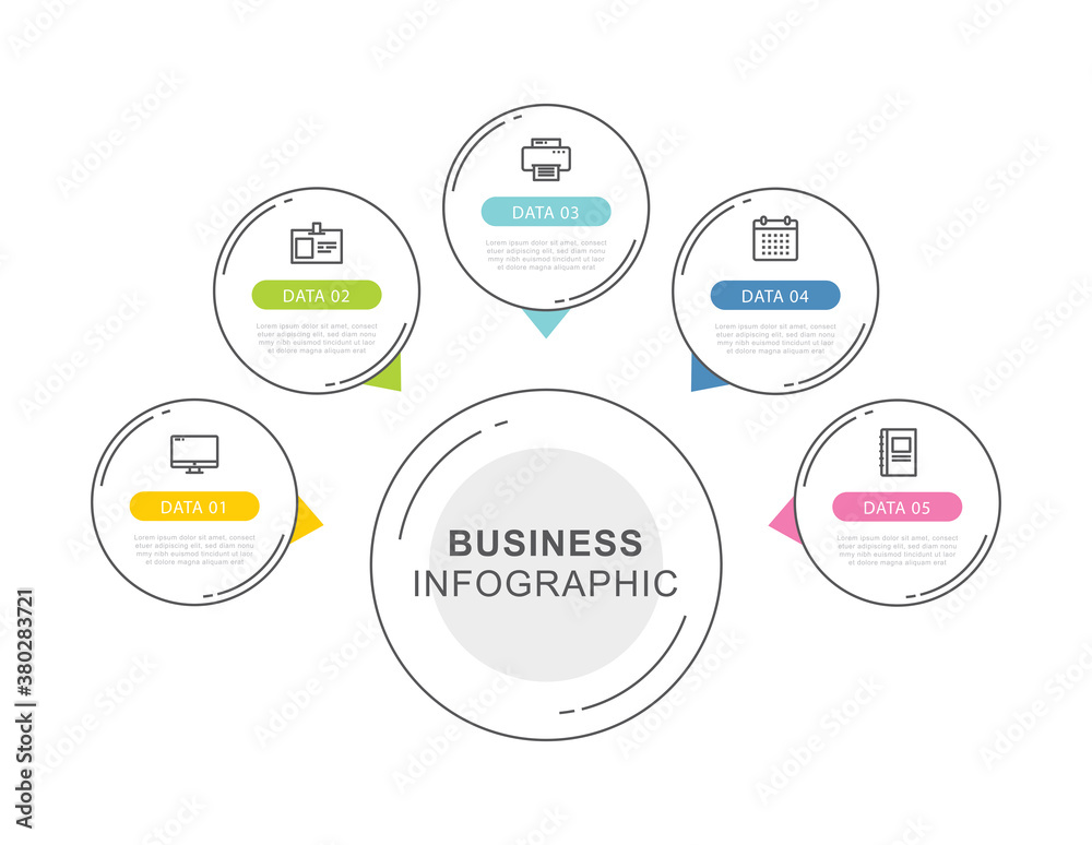 Wall mural 5 circle data timeline infographics template with thin line design. vector illustration abstract bac