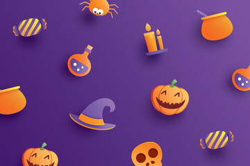 Halloween element object in paper art style on purple background.