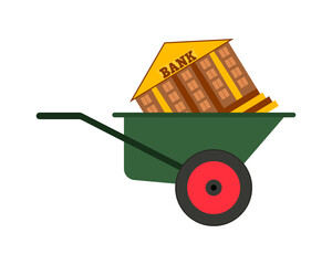 Bank building in a garden wheelbarrow. Vector illustration isolated on white background.