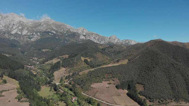 DRONE AERIAL FOOTAGE: The Picos de Europa (Peaks of Europe) a mountain range part of the Cantabrian Mountains in northern Spain.