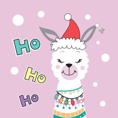 Beautiful Christmas llama and the inscription Ho Ho Ho on a pink background. Greeting card for Christmas and New Year