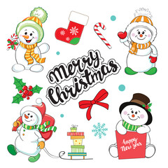 Merry Christmas lettering and collection of Christmas snowmen on a white background. Christmas and New Year card