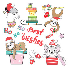 Beautiful Christmas animals llama, sloth, mouse and best wishes inscription on a white background
