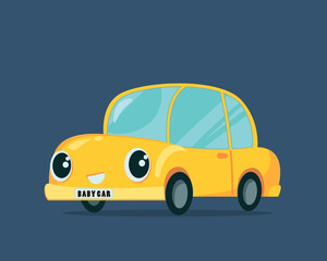 Obraz premium Cartoon children's baby childish style toy passenger car vehicle. Comic vector illustration of a character for a book. Flat design.