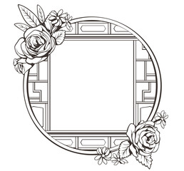Black and white Chinese window frames with flower decoration. Round shape frame. Motifs tattoo style. Vector illustration. Use for decoration, sticker, logo, pattern and more.
