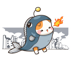 Cute cartoon character monster cat. Little cat wearing a fish costume. Destroyed building cartoon doodle background. Vector illustration. Use for decoration, sticker, logo, pattern and more.