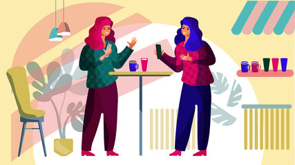 Two girls chat in a cafe. Vector illustration of relationships between people