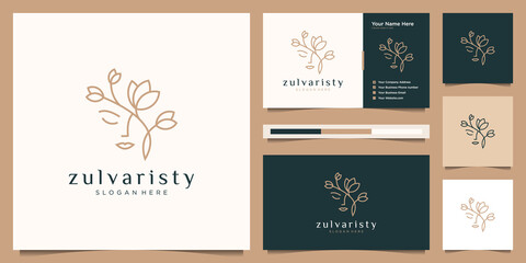 women face combine flower and branch logo for beauty salon, spa, cosmetic, and skin care. elegant logo design and business card.