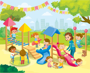 Children playing on playground with babysitter sitter, nanny, nurse, rope bridge, hanging horizontal ladder, slide ,radical rotator, carousel fooling around, having fun in fine good mood.