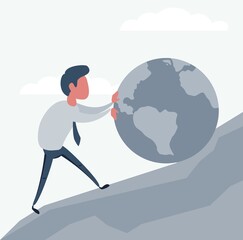 Businessman rolling Earth planet up the hill. Shades of gray. Vector illustration flat design