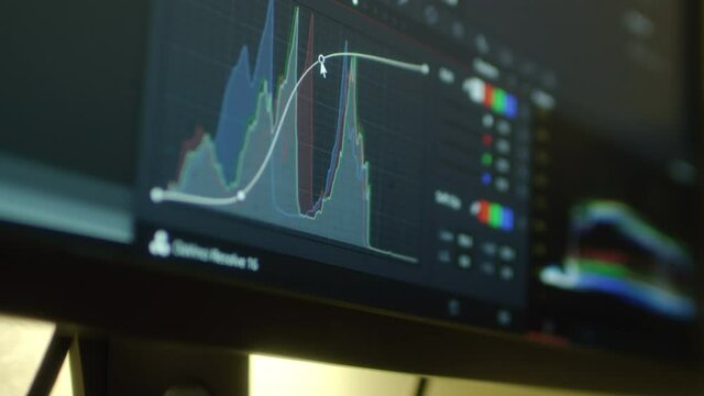 4K Color Correction Post Production video or photo in Progress Closeup. A program for video processing, color correction. Color curves, macro.