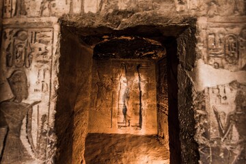 Ancient Egyptian temple built by Ramses II, dedicated to his wife Nefertari, sculpted in the stone of the mountain, in Abu Simbel next to Lake Nasser in Nubia, Egypt, Africa 