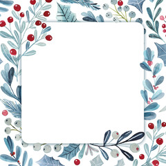 Fototapeta na wymiar Square frame with Christmas watercolor decoration. Template with blank space for text. Perfect for greeting cards, graphic design, poster, stickers, . Isolated on white background. 
