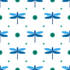 Vector seamless pattern with blue dragonflies and green circles on the white background.