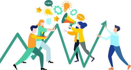 Vector graphics. Flat style design. The composition of the scene for business. Illustrations for business. Image of a graph and charts. Teamwork, interaction, communication of the team. 